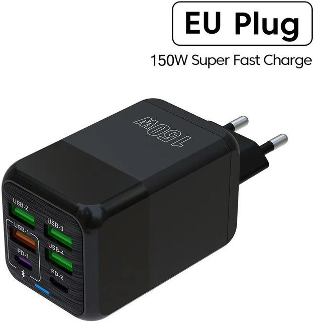 YJMP 150W USB C Ladegerät mit 6 Ports, PD & QC 3.0 Schnellladegerät für iPhone, Xiaomi, Samsung und Huawei, EU Plug, schwarz - Bild 1
