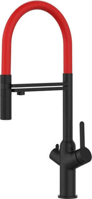 VIZIO 4-Wege Küchenarmatur mit 360 Grad schwenkbarem Auslauf und abnehmbarer 2-Strahl Handbrause in Schwarz Matt und Rot - Bild 1