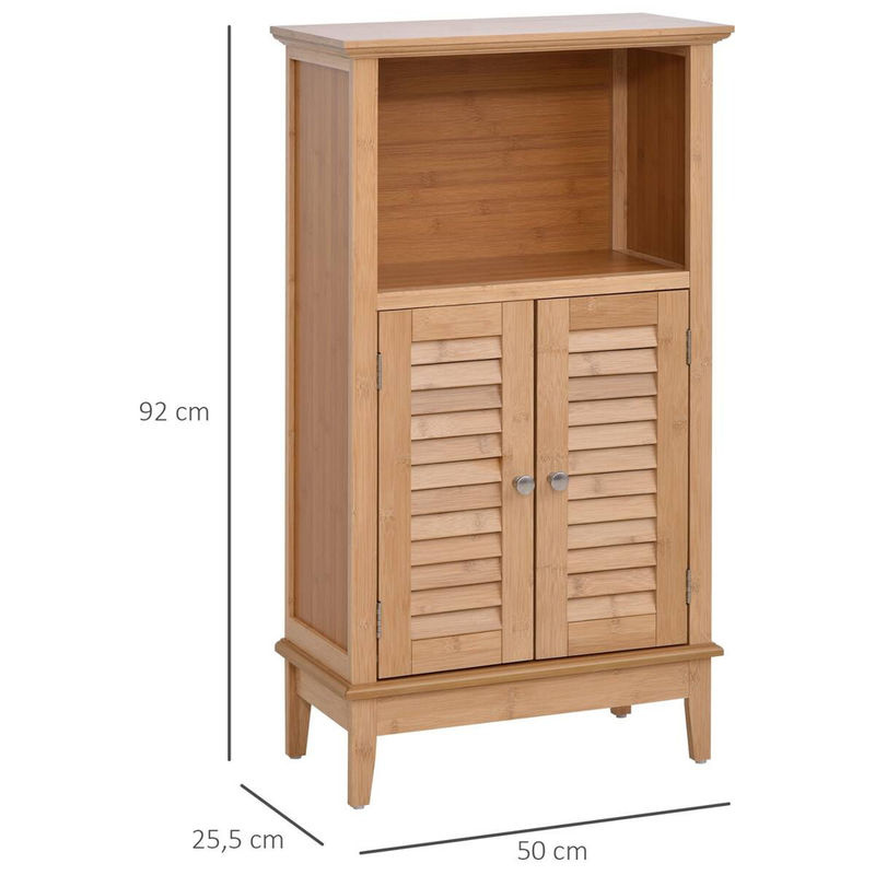 HOMCOM Badschrank aus Bambus mit 2 Lamellentüren und offenen Regalfächern, Farbe: Natur/Beige/Braun, B/T/H: 25,5 x 50,0 x 92,0 cm - Bild 4