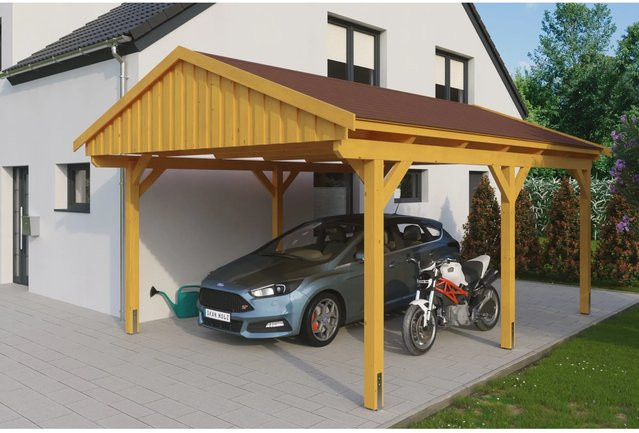 Skan Holz Carport Fichtelberg aus Fichte und Leimholz in Beige und Schiefergrau mit spitzer Dachform, B/T: 423 x 566 cm, Höhe: 326 cm - Bild 1