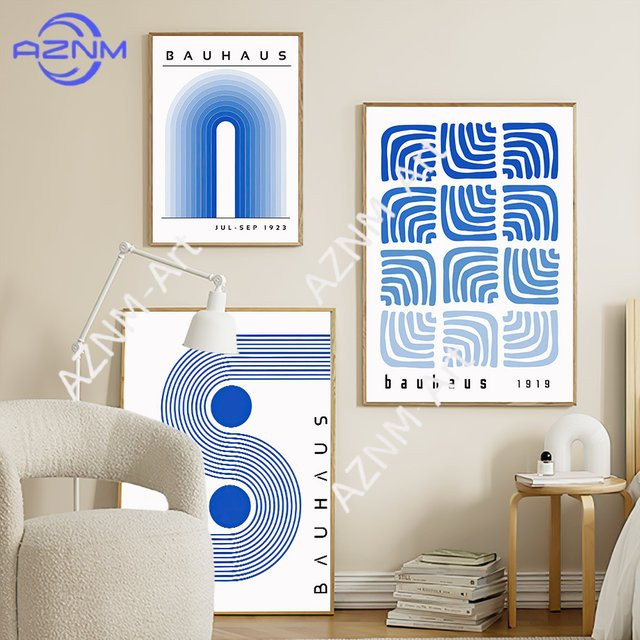 Abstraktes Bauhaus Leinwandgemälde von Potdemiel in Blau und Multicolour mit geometrischen Linien und Regenbogen zur Wanddekoration - Bild 1