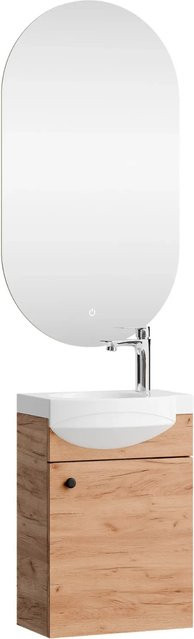 Planetmöbel Badmöbel Set mit Waschtisch und Spiegelschrank in Gold Eiche und Weiß, modern und matt mit Soft-Close-Funktion und LED-Beleuchtung, Breite: 40 cm - Bild 1
