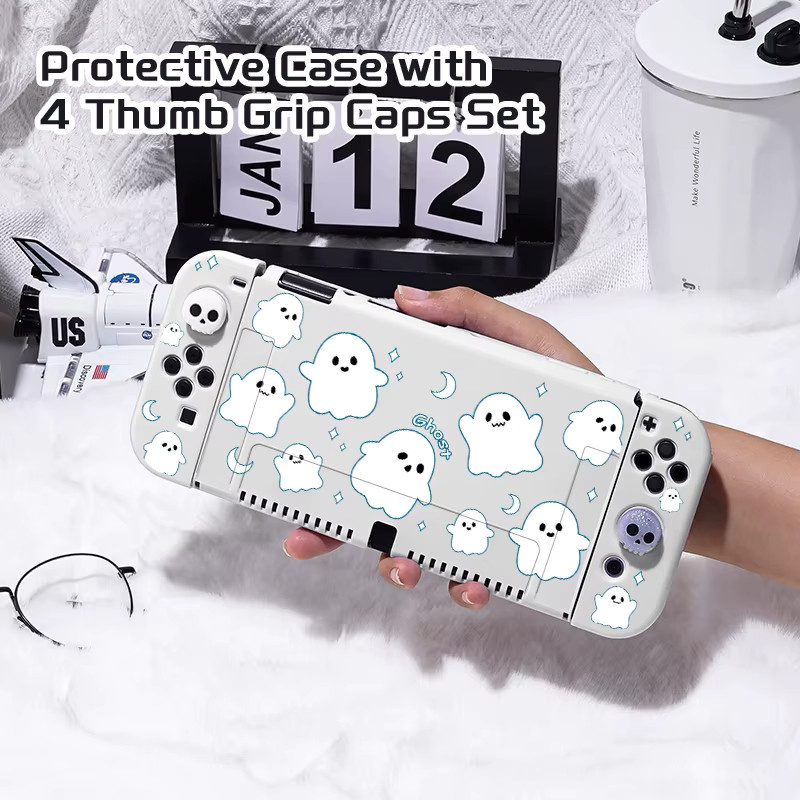 White Ghost Schutzhüllen-Bundle mit 4 Grip Caps für deine Nintendo Switch OLED in Weiß und Blau - Bild 2