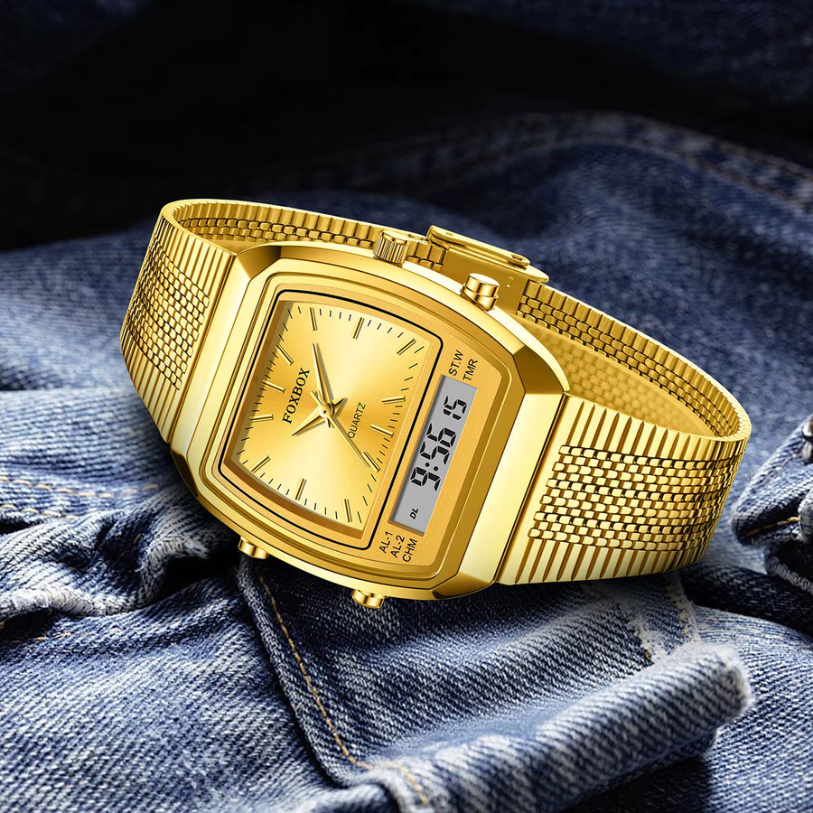 FOXBOX Herren-Armbanduhr, Quarz, Digitalanzeige, Silikon, Gold, Alarm - Bild 2