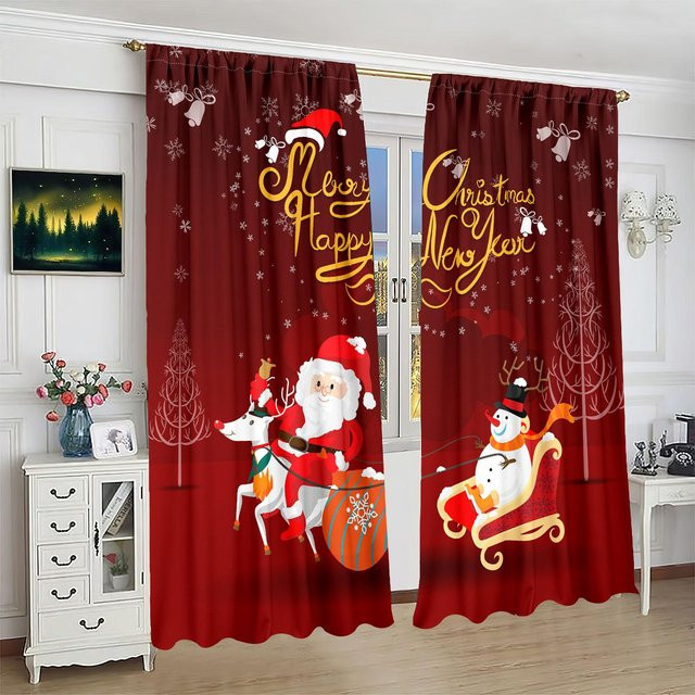 2er-Set Weihnachtsvorhänge mit Weihnachtsmann-Schlitten-Motiv aus Polyester in Rot, halbtransparent für Wohnzimmer und Schlafzimmer, Breite: 106,68 cm, Höhe: 213,36 cm - Bild 1