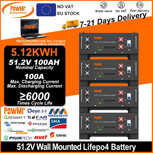 PowMr Rackmontierbare Batterie 100Ah 5KWH mit integriertem BMS und RS485/CAN Anschluss in Schwarz für Solarsysteme - Bild 1