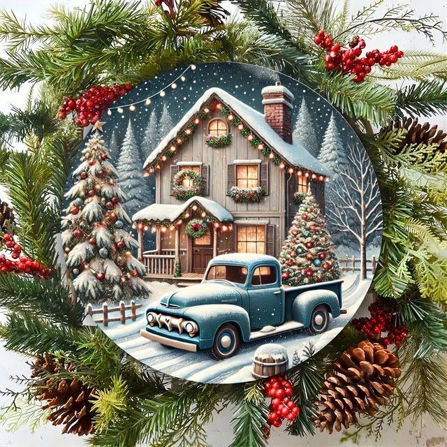 Potdemiel Vintage Weihnachts-Metallschild mit Hütte und LKW zur Dekoration, 20,32 x 20,32 cm - Bild 1