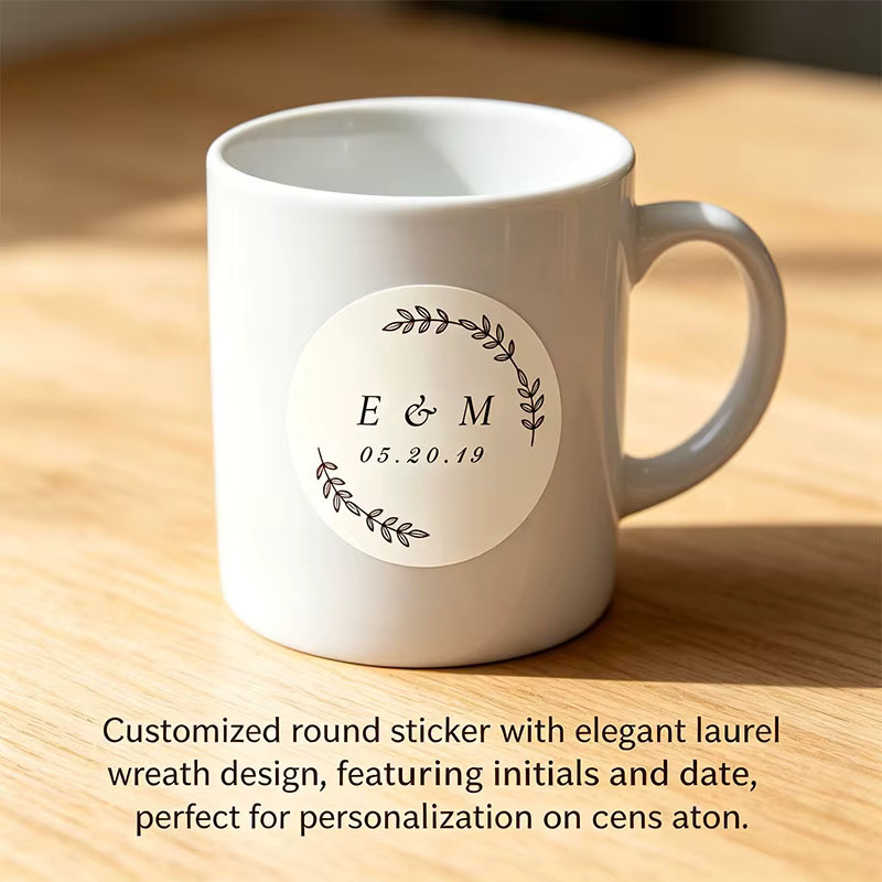 Personalisierte Blattkranz-Etiketten für Geschenkboxen, runde Aufkleber mit Doppelmonogramm und individuellem Datum im minimalistischen Stil, Farbe: Weiß, Durchmesser: 15,0 cm - Bild 2