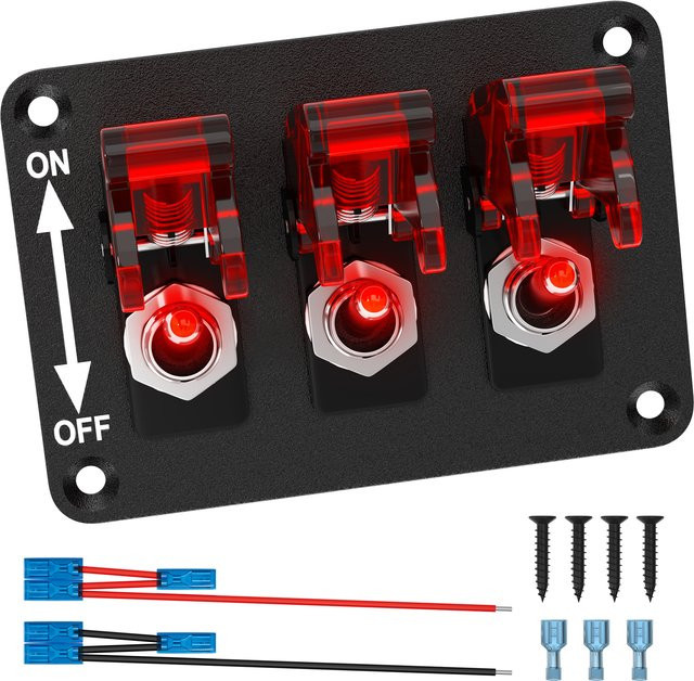 Daiertek Universal Kippschalter Panel 12 V 20 A mit LED-Anzeige und Sicherheitsabdeckung in Schwarz - Bild 1