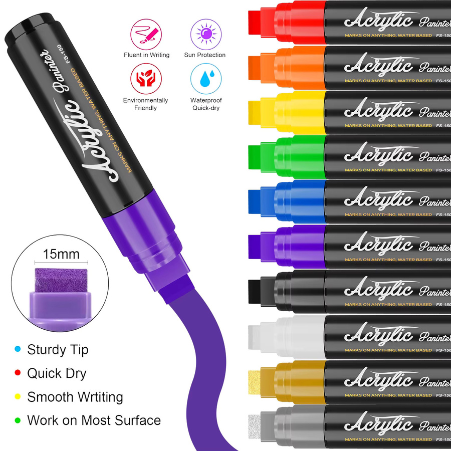 Acryl-Marker Set mit breiter Spitze in 10 leuchtenden Farben, permanent und hochdeckend für Graffiti und Kunst, Breite der Spitze: 1,5 cm - Bild 2
