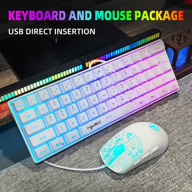 HXSJ Gaming Tastatur und Maus Set mit RGB Beleuchtung, 61 Tasten 60% Layout und ergonomischer Maus, kabelgebunden, Weiß - Bild 1