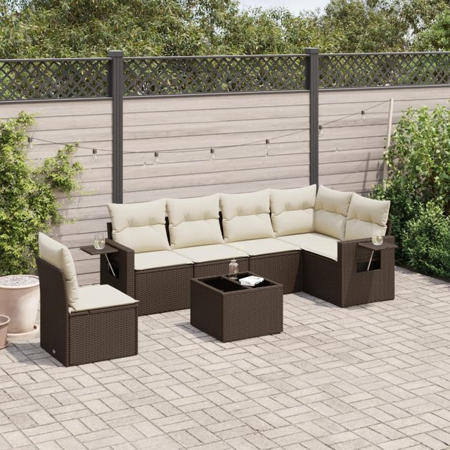 vidaXL 7-tlg. Garten-Sitzgruppe aus Polyrattan in Braun mit Kissen und L-Form - Bild 3