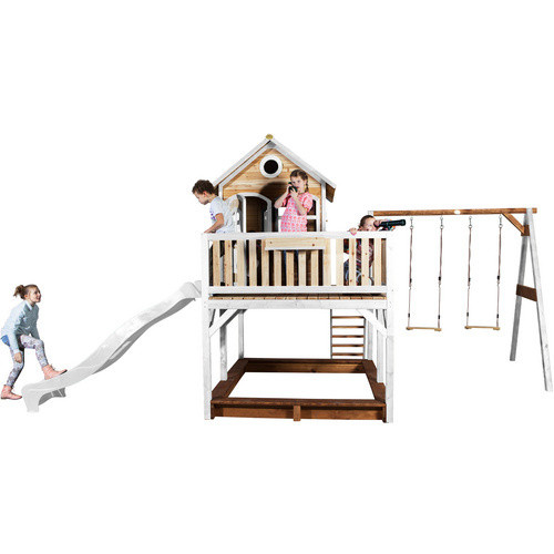 Axi Liam Spielhaus mit Doppelschaukel und Rutsche aus Holz in Braun und Weiß, B/H/T: 613 x 291 x 277 cm - Bild 2