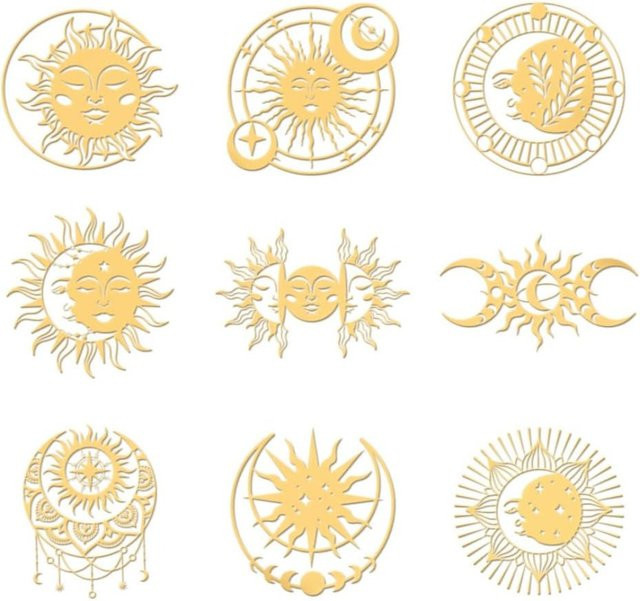 9 Stück selbstklebende Metallaufkleber mit Sonne und Mond Motiv in Gold für DIY-Projekte und Sammelalben, Größe: 4,06 x 4,06 cm - Bild 1