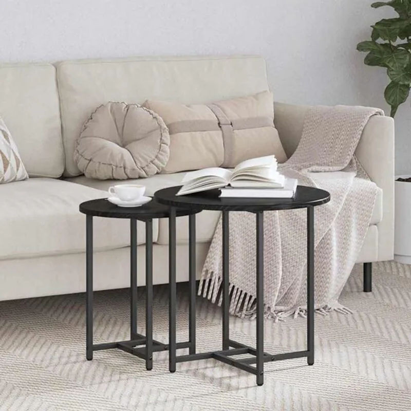 Vidaxl Beistelltisch-Set 2er-Pack Modern Rund in Schwarz und Eiche mit Metallgestell B/T/H: 50 x 50 x 50 cm - Bild 1