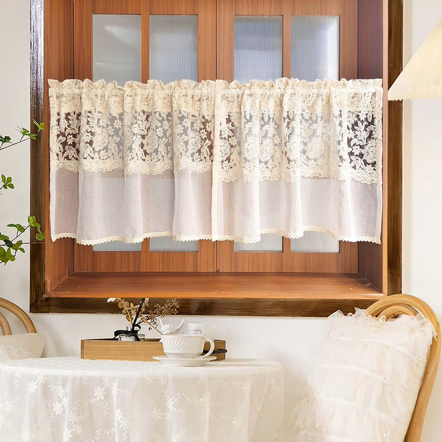 Tiyana Vorhang mit floraler Spitzenstickerei und Blumenmuster in Weiß oder Beige, transparenter Volant im Vintage-Stil, Breite: 100 cm, Höhe: 100 cm - Bild 2