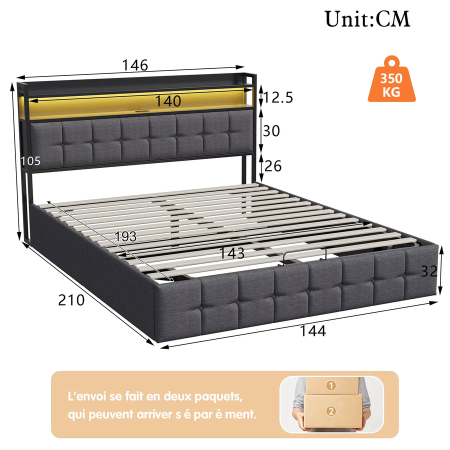 Superaly Doppelbett mit Stauraum und Regal-Kopfteil in Grau, B/T: 140 x 190 cm - Bild 2
