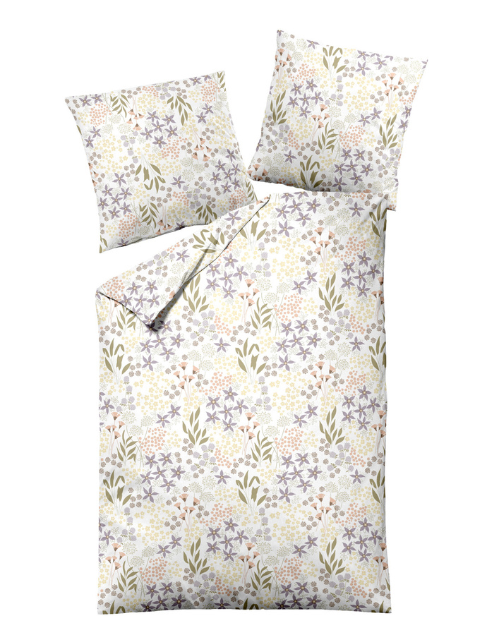 Dormisette Mako Satin Bettwäsche mit floralem Blumenmuster in Gelb, Oliv und Lila, B/H: 155 x 220 cm mit Kissenbezug 80 x 80 cm - Bild 1