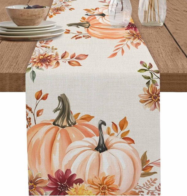 JMG Household Supplies Tischläufer aus Leinen mit Herbst-Kürbis-Motiv in Beige, B/T: 150 x 33 cm - Bild 1