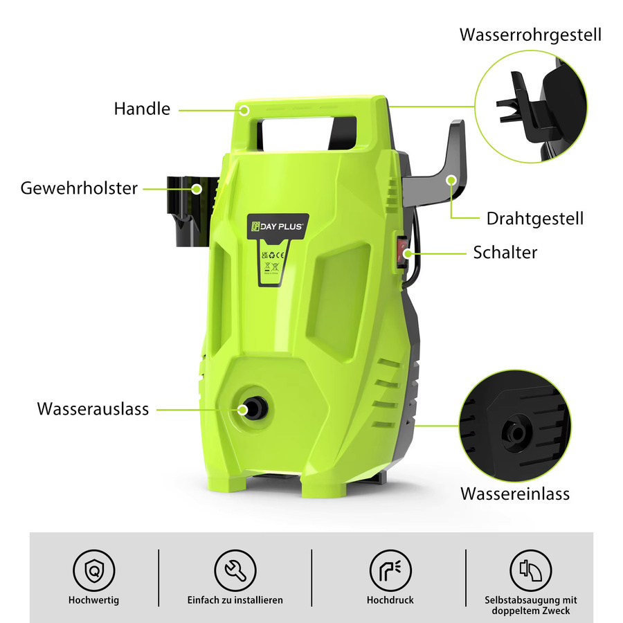 DayPlus Elektrische Hochdruckwaschmaschine in Grün mit 2300W, 2050PSI, 1.6GPM, verstellbarer Düse und Waschmitteltank für Auto, Terrasse und Garten - Bild 5
