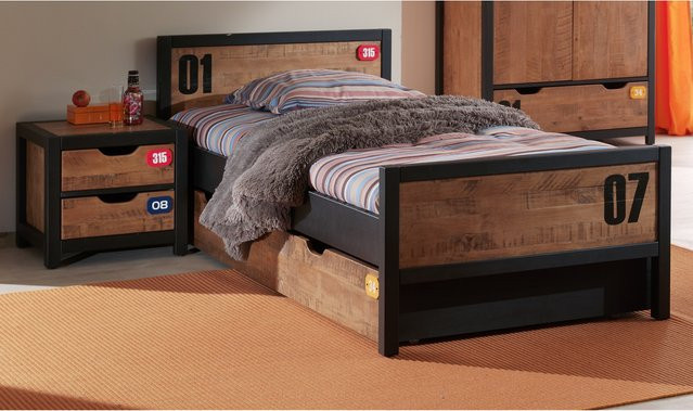 Vipack Set Alex aus Kiefer gebürstet bestehend aus Einzelbett, Nachtkonsole und Bettschublade, Farbe Braun, B/T/H: 90 x 200 cm - Bild 1