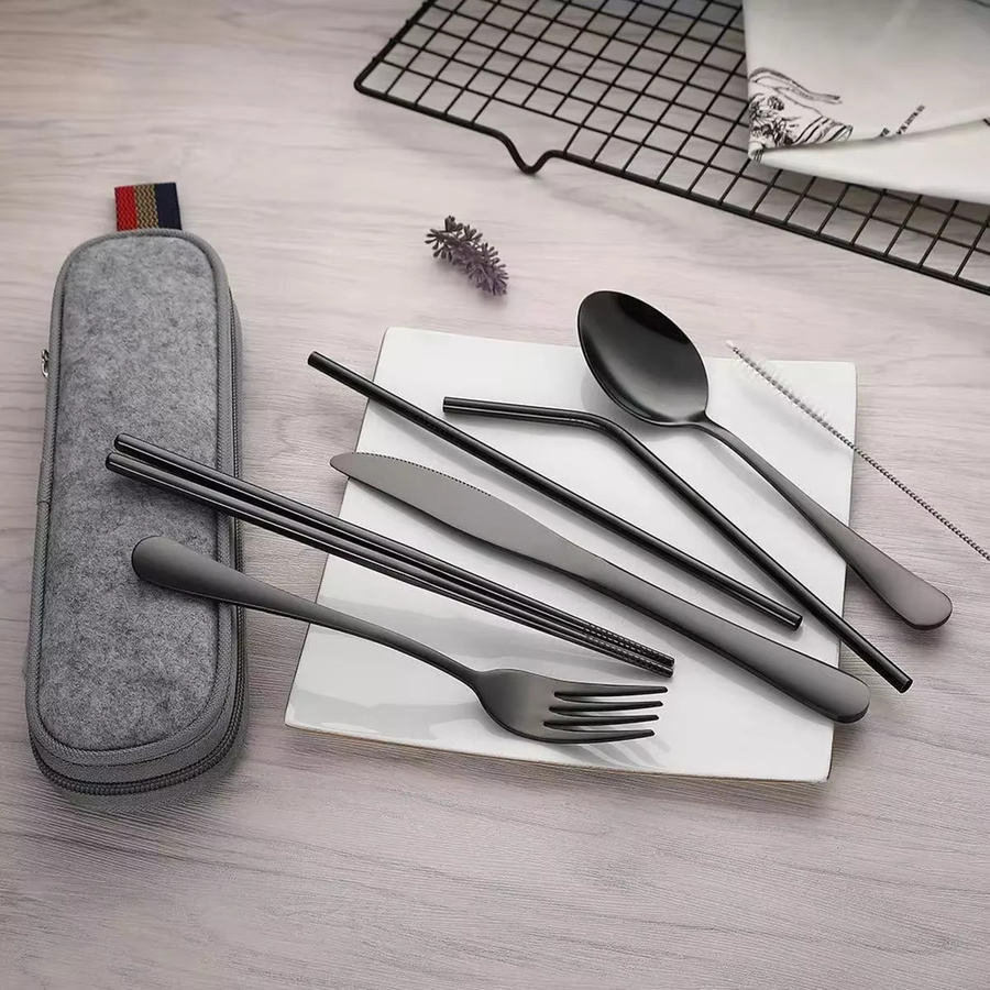 AJOYOUS 8-teiliges tragbares Besteckset in Silber mit Etui für Outdoor, Picknick und Reise, bestehend aus Gabel, Löffel, Messer und Stäbchen in mattem Design - Bild 2