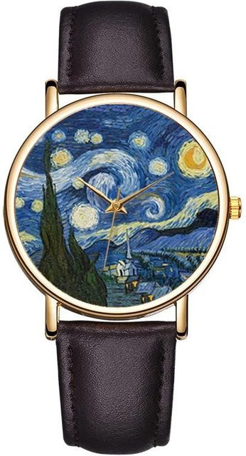 Armbanduhr Van Gogh Sternennacht, Quarz, Lederarmband, Grau, Damen - Bild 1