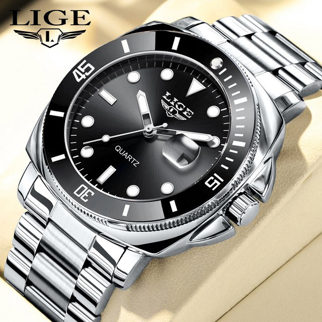 LIGE Armbanduhr Quarz, Edelstahl, Schwarz, Silber, Herren - Bild 1