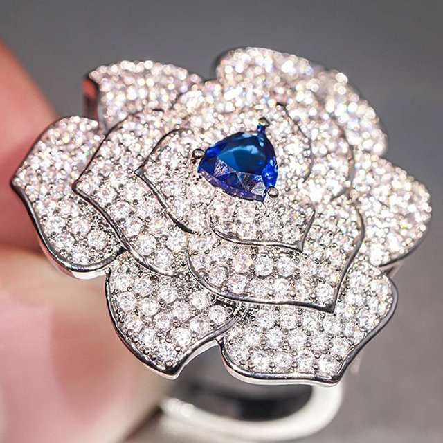 Huitan Damenring, Silber, Zirkonia, Blaue Blumenform - Bild 1