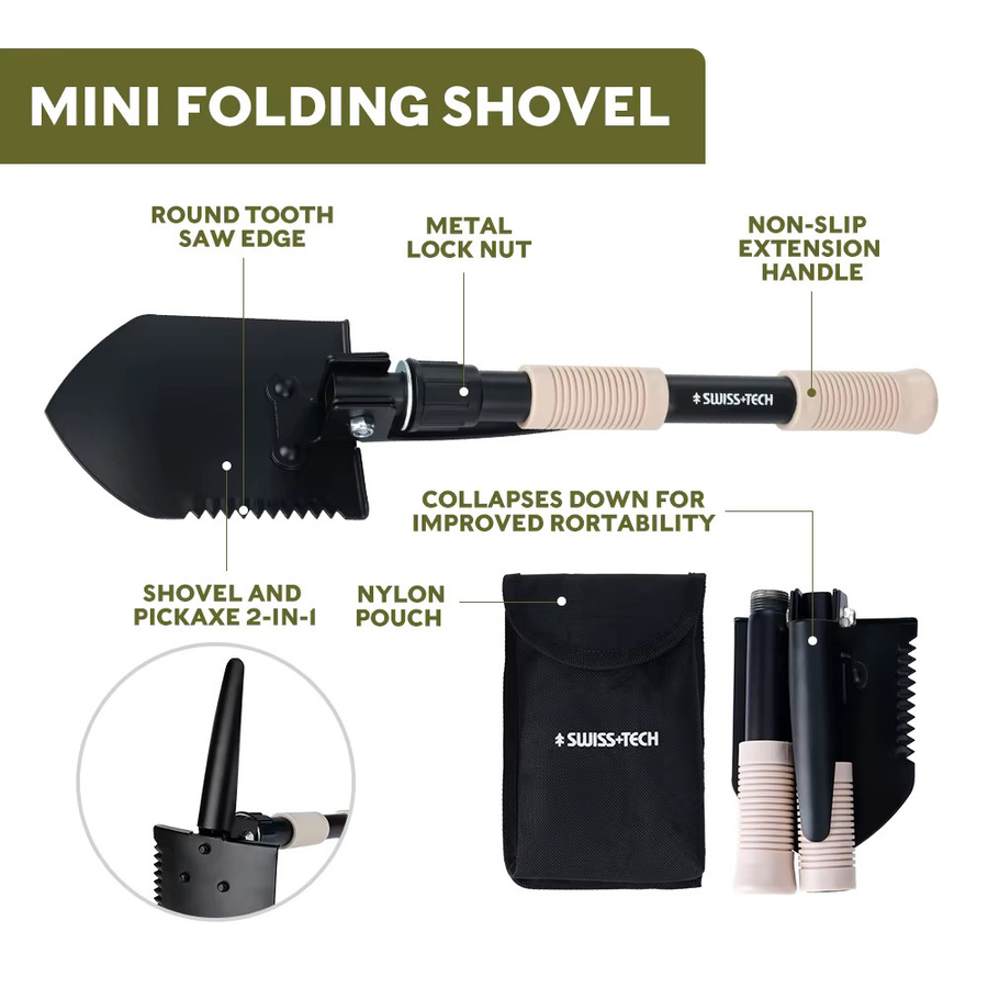 Swiss Tech 3-in-1 Multitool Klappspaten in Schwarz als ultraleichte EDC Outdoor-Campingausrüstung und multifunktionales Gartenwerkzeug-Set - Bild 3