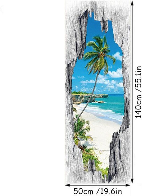 Binchi Outdoor Product 3D Vinyl Türaufkleber Meeresblick mit Strand und Palmenbaum in Blau, B/H: 50 x 140 cm - Bild 1