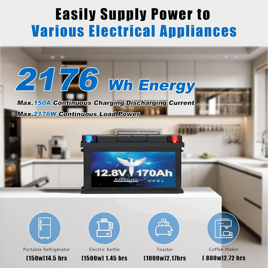 12V 170Ah LiFePO4 Lithiumbatterie mit Bluetooth und 150A BMS sowie Niedertemperaturschutz für Wohnmobil, Camping, Boot und Solar in Blau - Bild 3