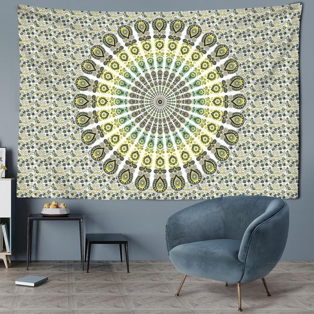 Chartreuse Mandala Wandteppich mit abstraktem Boho-Design in Weiß, B: 95 cm, H: 70 cm - Bild 1