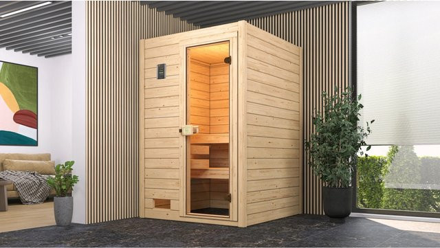 WEKA Massivholzsauna Valida 1 für 4 Personen in Braun inklusive 3,6 kW Ofen mit externer Steuerung und BioS Glastür - Bild 3