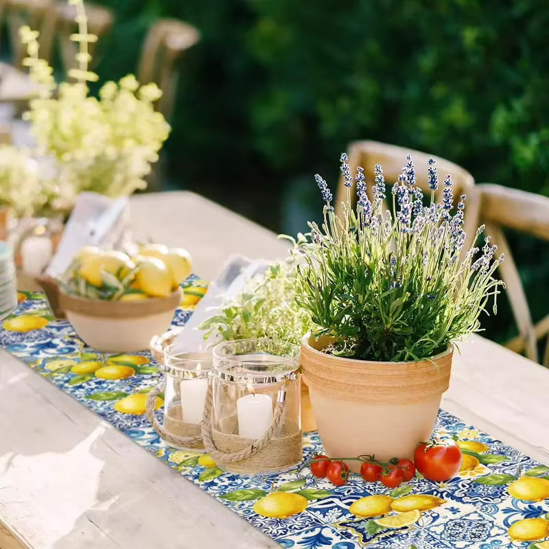 VIKAMA Tischset aus Leinen mit Sommer-Zitronen-Motiv und Keramikfliesen-Design, Hitzebeständig, Mehrfarbig, Rechteckig - Bild 4