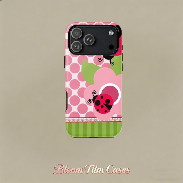 Doppelschichtige Handyhülle mit Marienkäfer-Design in Rosa und Grün, kompatibel mit Apple iPhone 17, 16, 15, 14, 13, 12 und 11 Serien - Bild 1