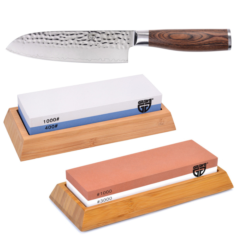 Gräwe Santokumesser aus Damaststahl mit Pakkawood-Griff und Wetzstein-Set, Klingenlänge: 17,5 cm - Bild 1