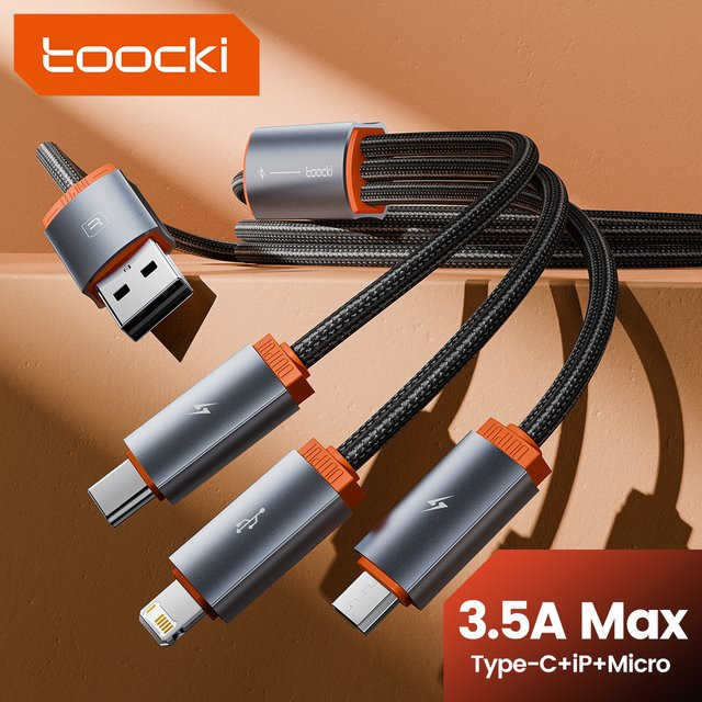 Toocki 3 in 1 USB-Multikabel mit USB-C und Micro-USB für schnelles Laden von iPhone, Huawei und Xiaomi in Schwarz und Orange - Bild 1