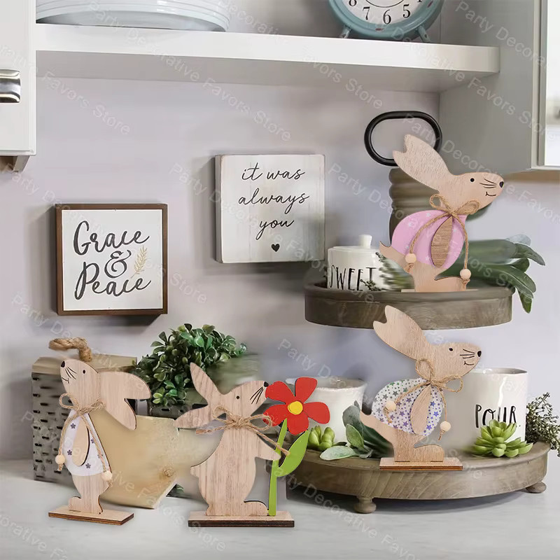ZQNYCY Ostern-Kaninchen-Ornament aus Holz als Tischdekoration für Frühling und Ostern - Bild 2