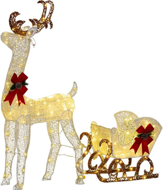 Outsunny LED Weihnachtsdeko Rentier und Schlitten mit 170 Lichtern in Weiß für Indoor und Outdoor - Bild 1