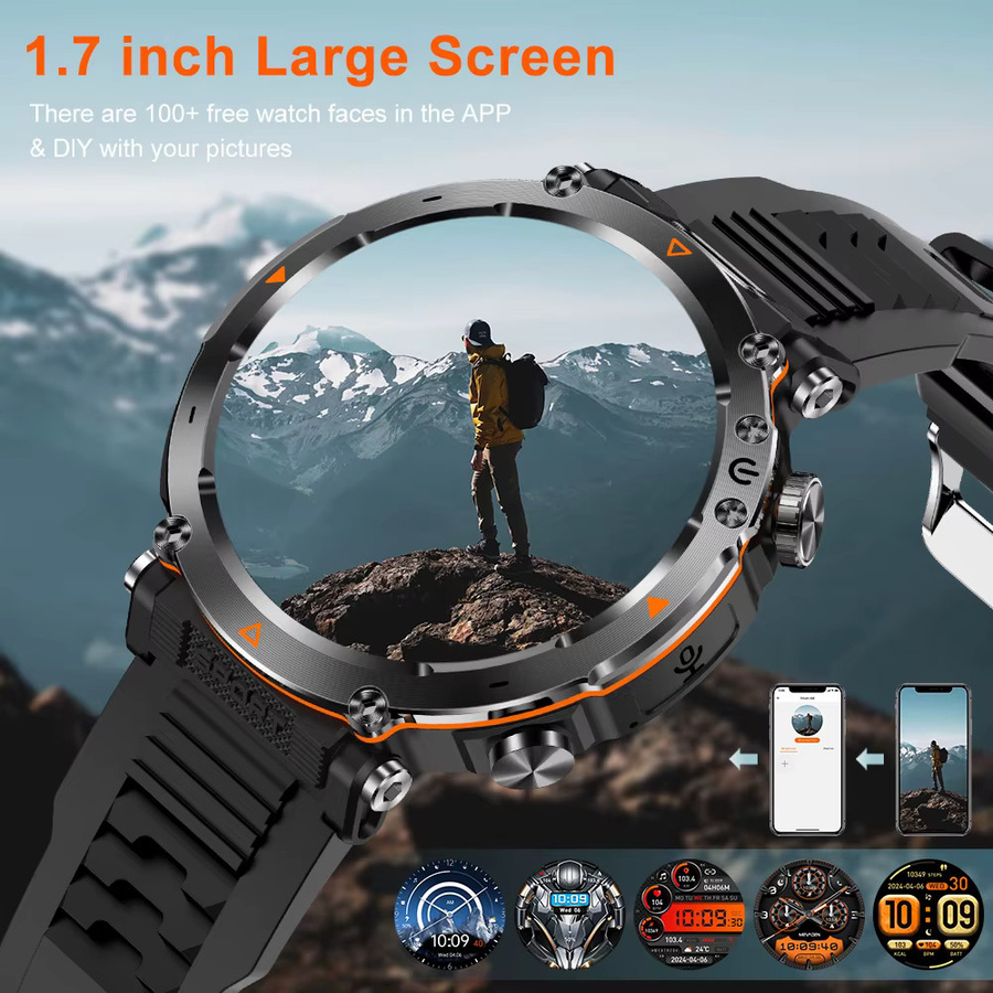 MEVADEN Smartwatch MD57 Outdoor-Sportkompass mit 1,7 Zoll Display, Bluetooth Anruf und Taschenlampe, Schwarz/Orange - Bild 2