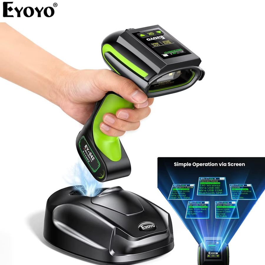 Eyoyo Industrieller Barcode-Scanner 3-in-1 mit Bildschirm, Wasserdichter 1D 2D Bluetooth Kabelloser Strichcode-Leser mit Ladestation, Schwarz - Bild 2