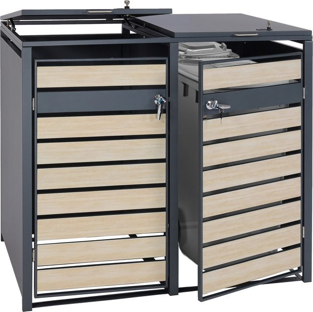 MCW Mülltonnenverkleidung J81 Mülltonnenbox aus Metall in Anthrazit mit Buche-Holzoptik Hellbraun, B/T/H: 117 x 142 x 98 cm - Bild 1