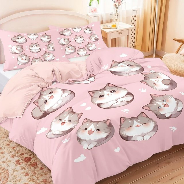 Lodestar Bettwäscheset mit Katzen-Motiv in Rosa, 3-teilig bestehend aus 1 Bettbezug und 2 Kissenbezügen, B/H: 135 x 200 cm - Bild 1