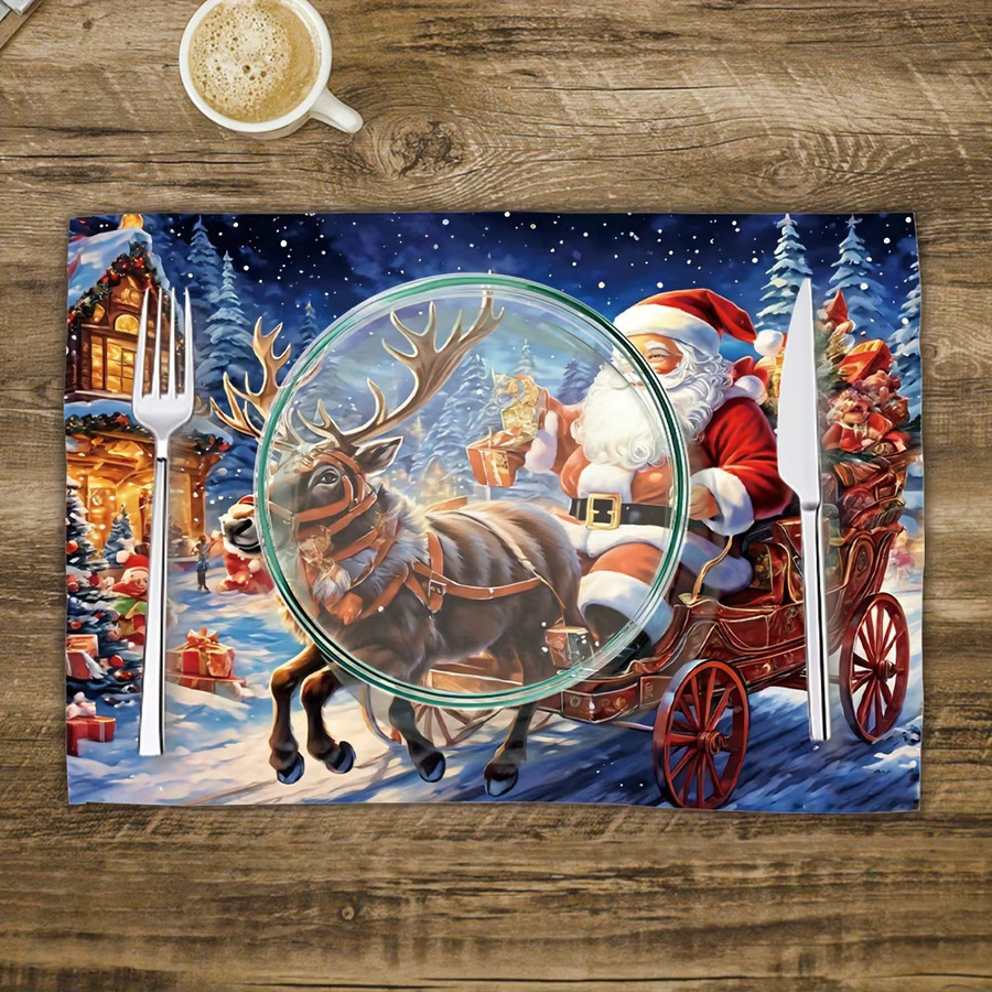 VIKAMA 4-teiliges Weihnachtsmann-Schlitten-Tischset mit verschneitem Stadt-Aufdruck zur Weihnachtsdekoration für dein Familienessen - Bild 4