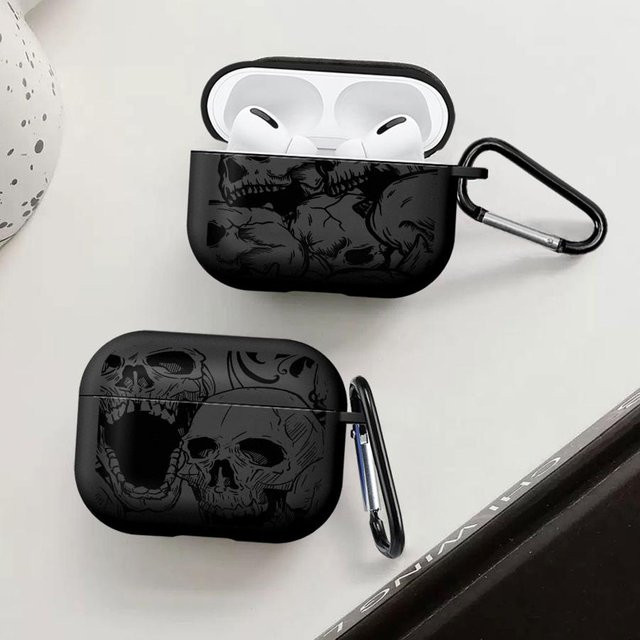 Schutzhülle für Apple AirPods Pro 1, 2 und 3 mit Totenkopf-Kunst in Schwarz - Bild 1