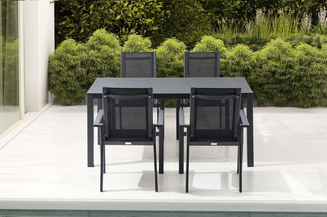 OUTFLEXX Garten-Essgruppe in Anthrazit Matt mit Tisch und 4 Stapelsesseln aus Alu, Spraystone und Textil, B/T: 160 x 95 cm - Bild 1