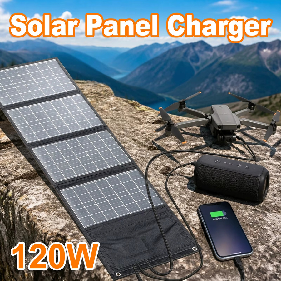 Leaorld 120W Solarpanel-Ladegerät in Schwarz mit USB QC3.0 und PD3.0 Schnellladefunktion für Camping und Outdoor-Reisen - Bild 4