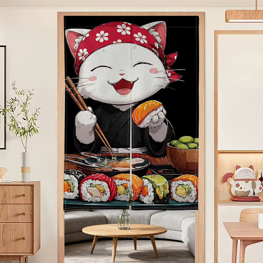 VIKAMA Japanischer Cartoon-Türvorhang mit Lachsmotiv in Mehrfarbig als Küchentrenner und Heimdekoration - Bild 2