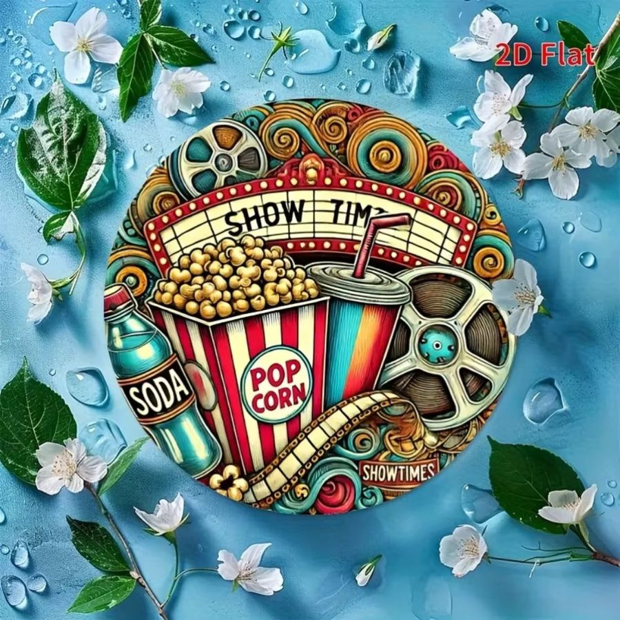 HELLOYOUNG Vintage Metallblechschild Cinema & Popcorn, rundes Retro Wanddekor für Garage, Café und Bar, Durchmesser: 20 cm - Bild 2